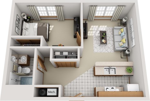 A top-down view of a small apartment with a kitchen, living room, and bathroom.